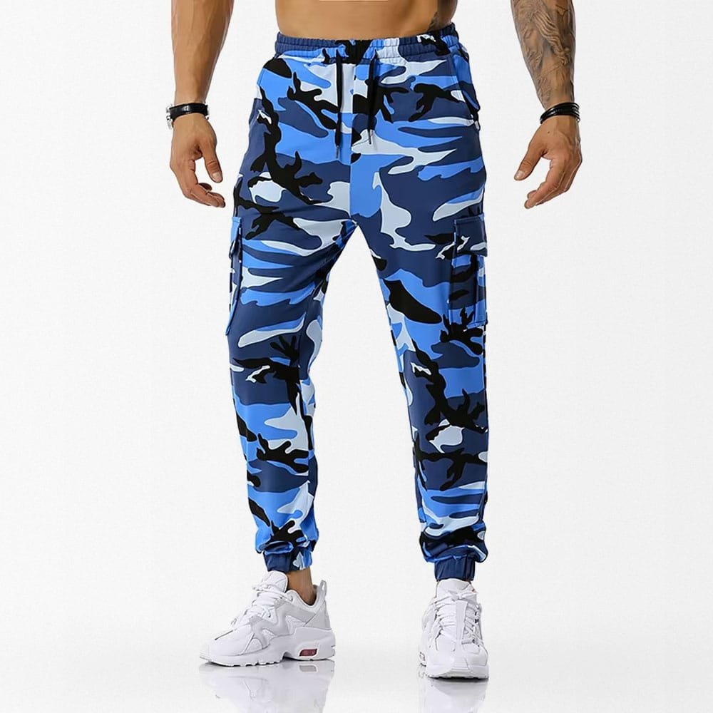 Pantalones jogger camuflaje azul estilo urbano