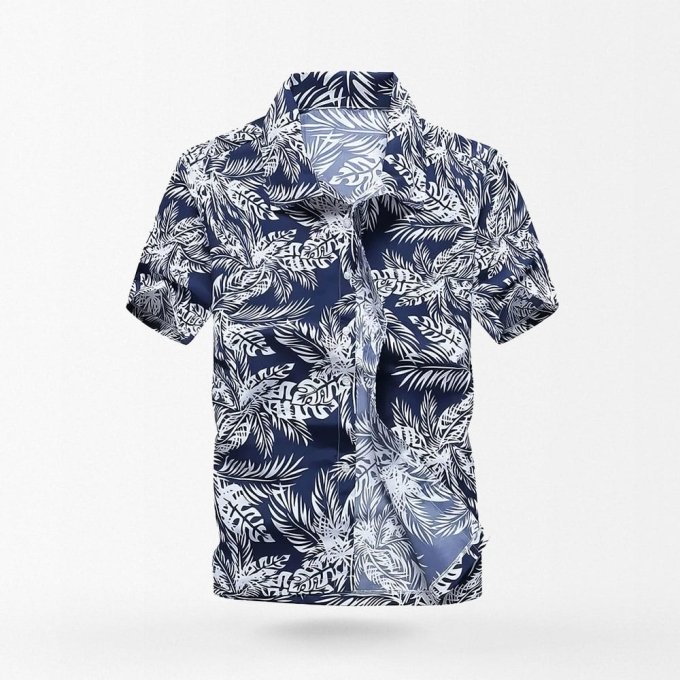 Camisa hawaiana azul con estampado de hojas