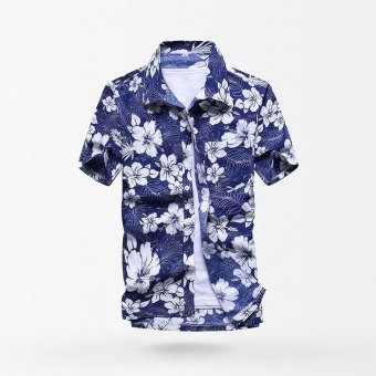 Camisa hawaiana azul con flores blancas