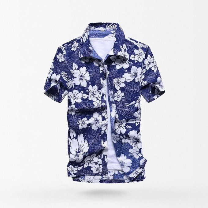 Camisa hawaiana azul con flores blancas