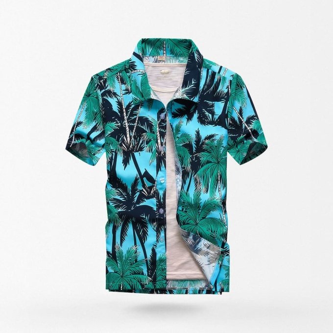 Camisa hawaiana azul con palmeras