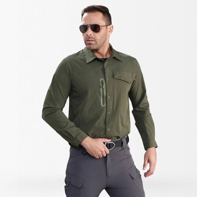 Camisa militar abotonada con bolsillo con cremallera - Imagen 4