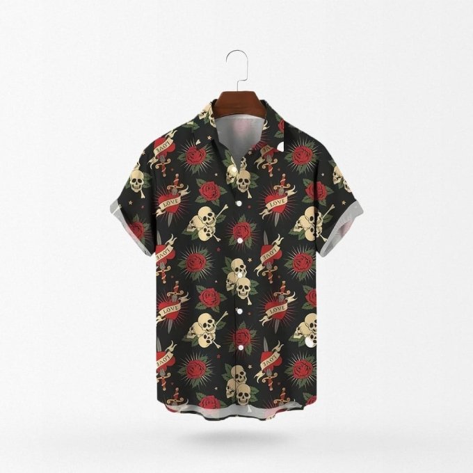 Camisa hawaiana de rosas y calaveras