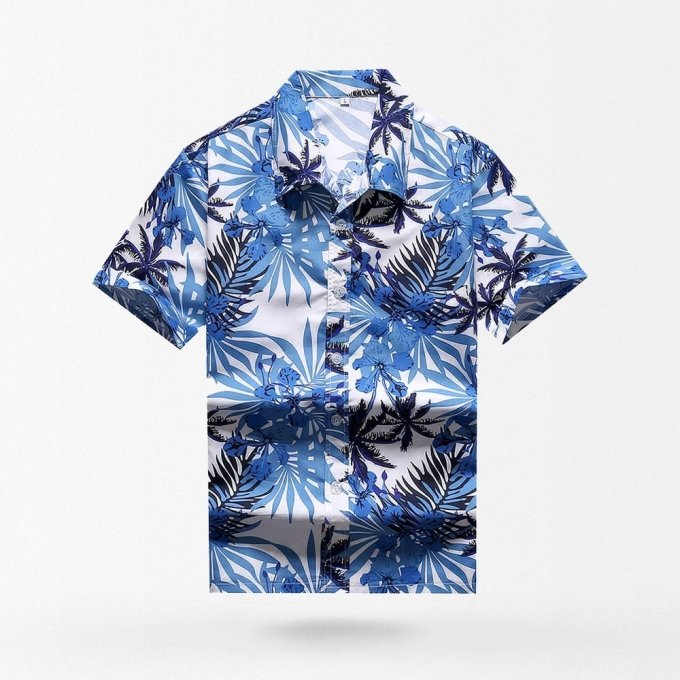 Camisa hawaiana blanca con hojas azules