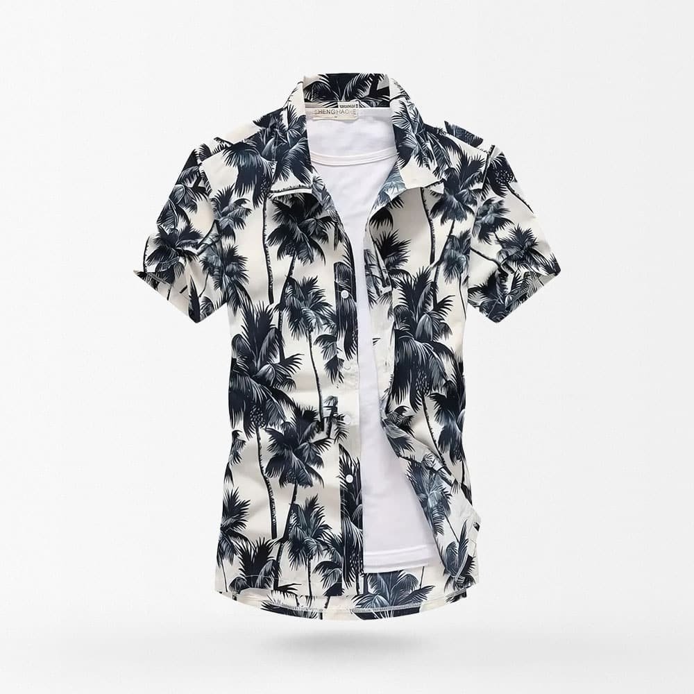 Camisa hawaiana blanca con palmeras azules