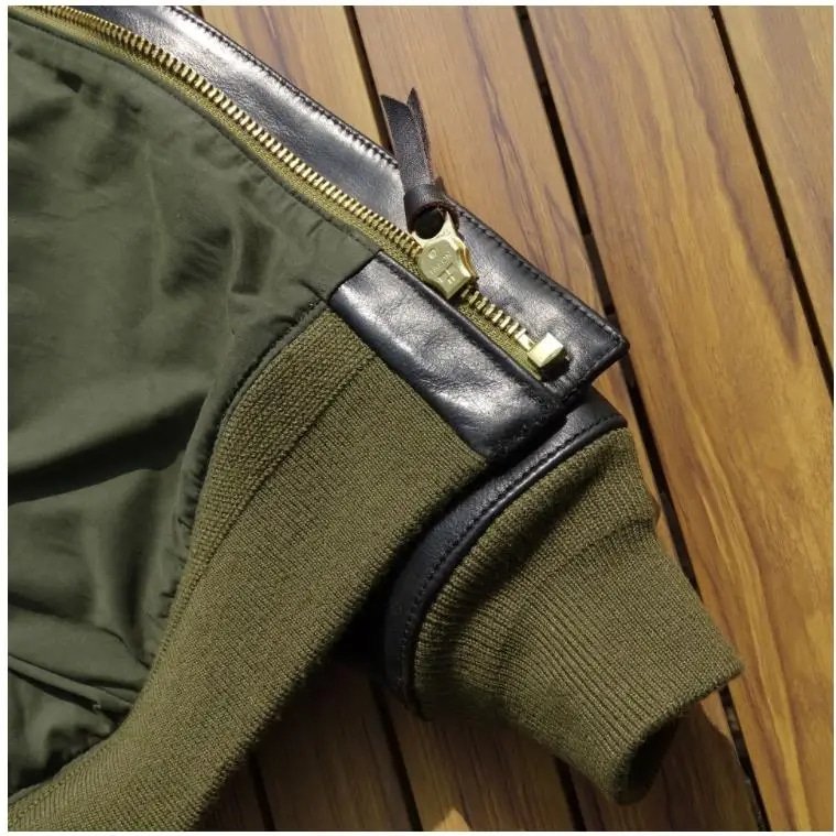 Chaqueta de vuelo tipo A2 de cuero con forro verde oliva - Imagen 6