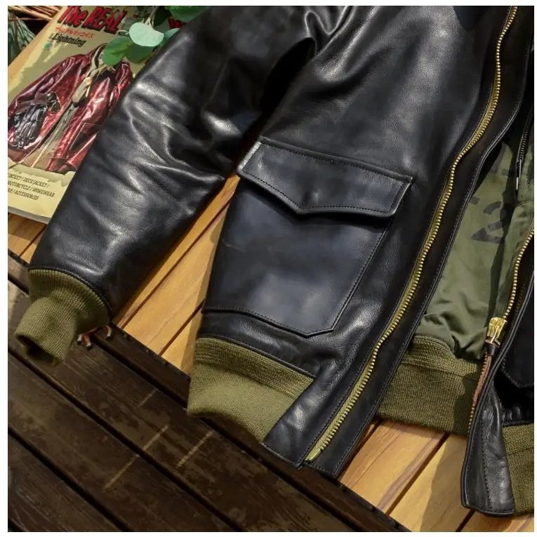 Chaqueta de vuelo tipo A2 de cuero con forro verde oliva - Imagen 4