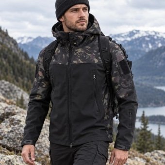 Hooded tactical camo softshell jacket
